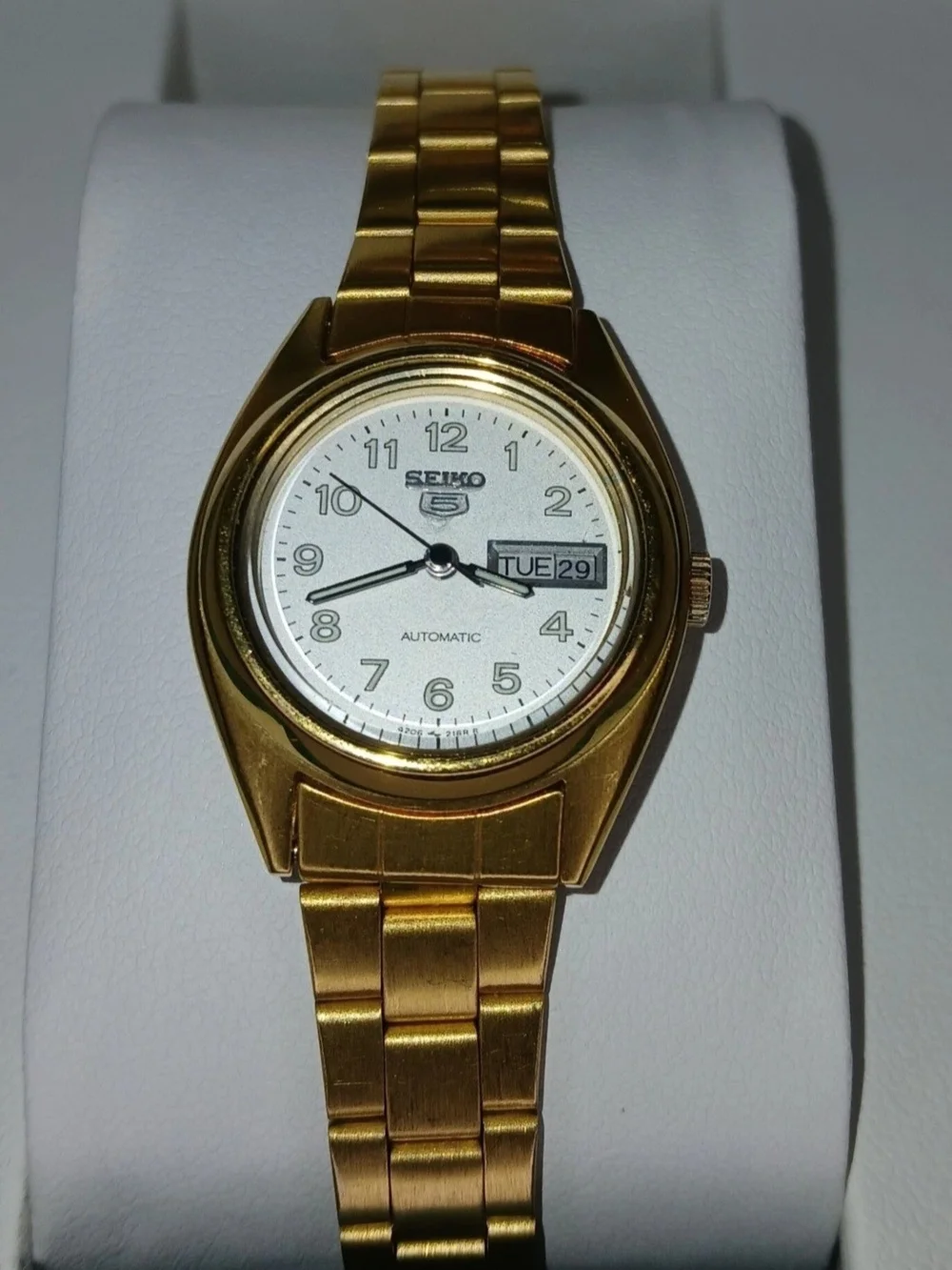 ​Seiko 5 Automatic Watch Gold Tone White Dial Day Date 4206-0600 Runs Vintage